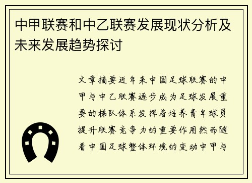 中甲联赛和中乙联赛发展现状分析及未来发展趋势探讨