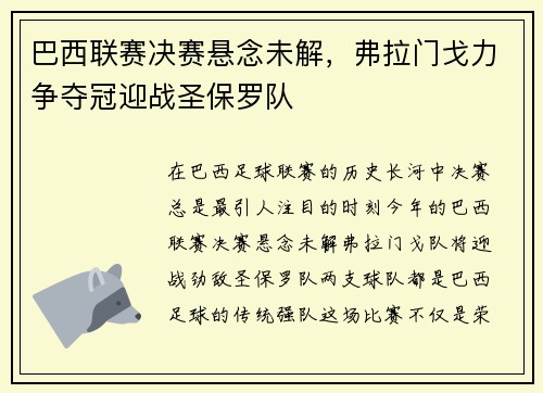 巴西联赛决赛悬念未解，弗拉门戈力争夺冠迎战圣保罗队